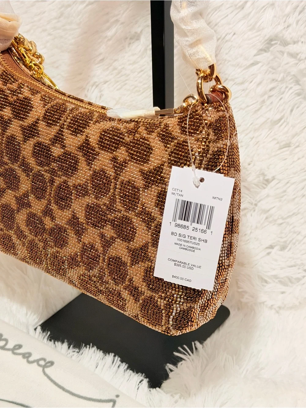 Coach Teri Shoulder Bag In Signature Beaded Satin brown / gold NWT